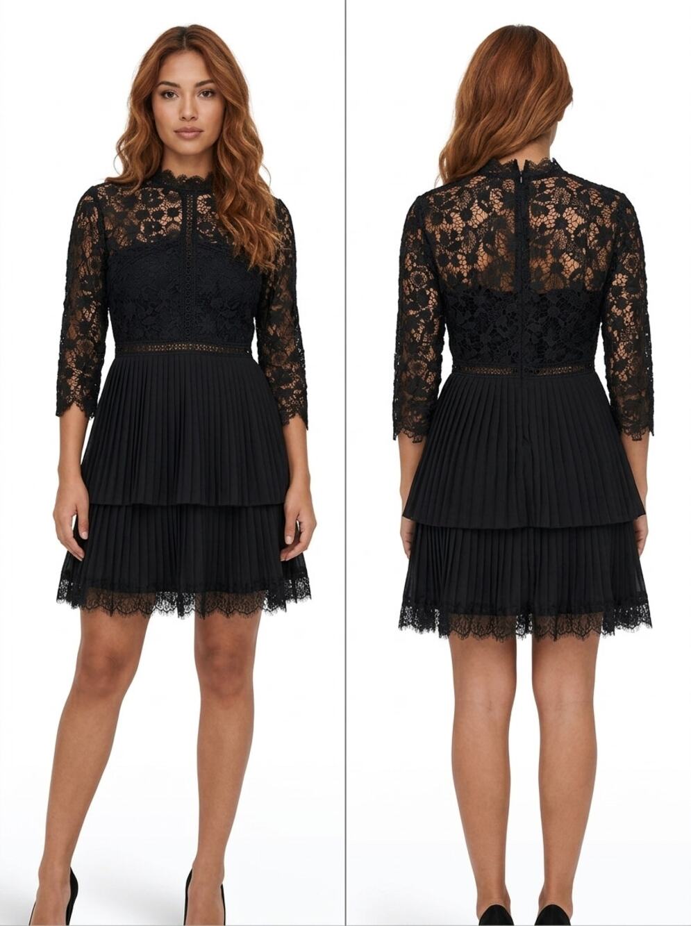 Zara Black Lace Pleated Tiered Mock Neck Mini Dress Women Size S